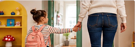 Child with a backpack holding an adult's hand before school.