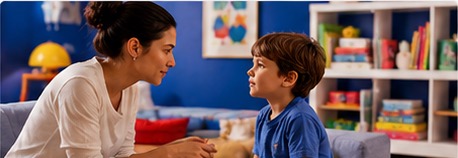 Parent calmly talking with a young child in a playroom.